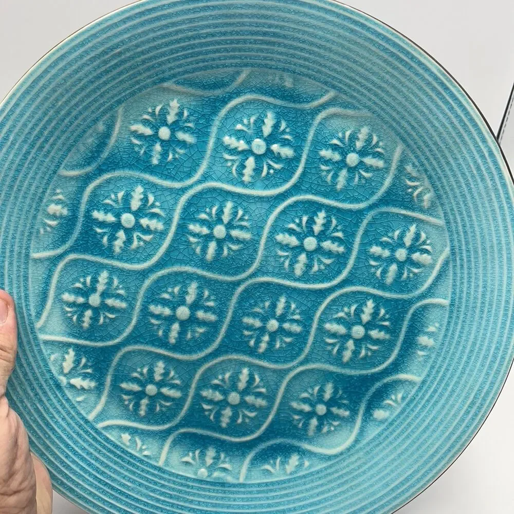 Vintage Set Pier 1 Turquoise Plate Crackle Pattern Stoneware Salad 8.5”  And 11”